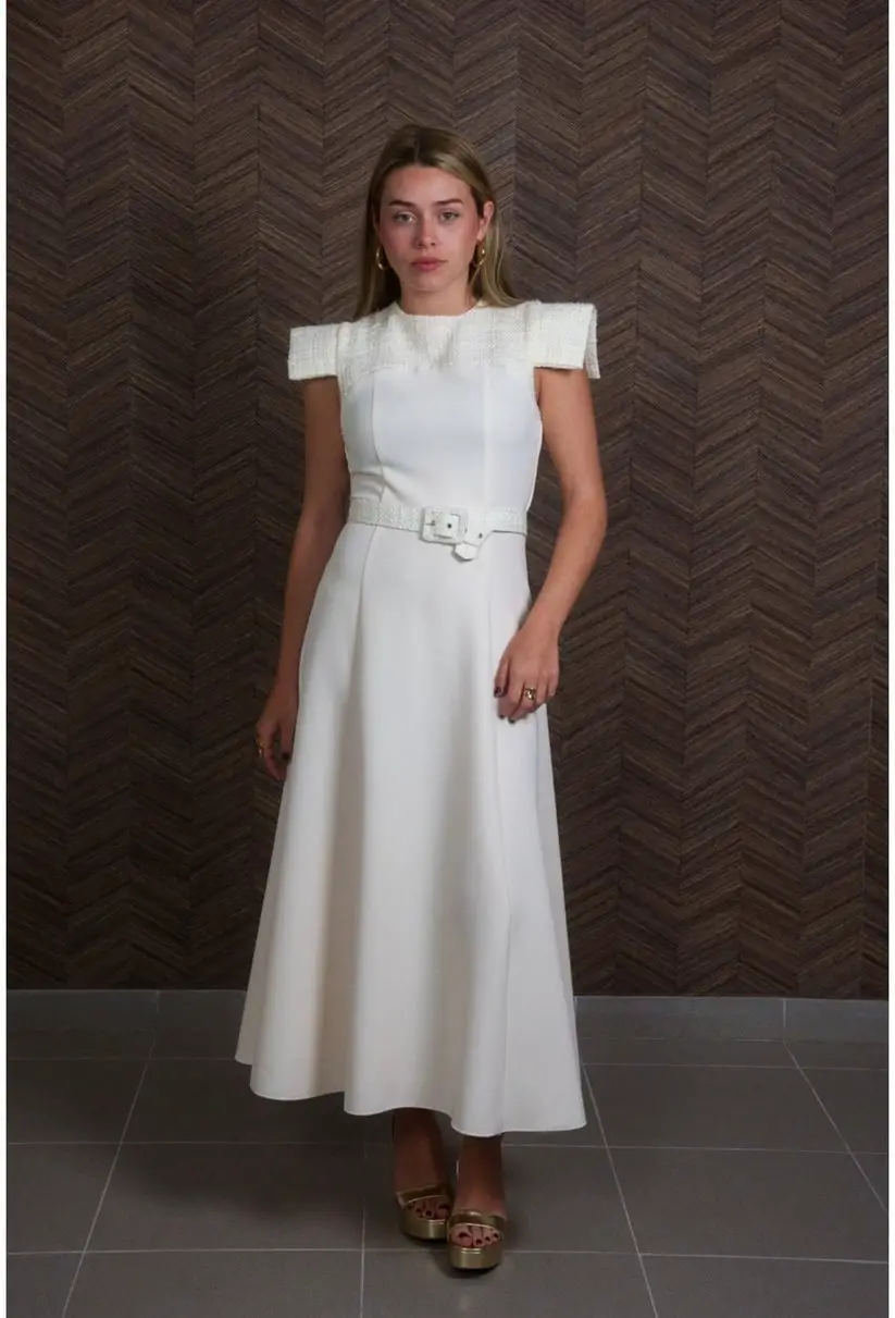 White Midi Dress With Textured Yoke White Midi Dress With Textured Yoke — Classy Cream Outfits