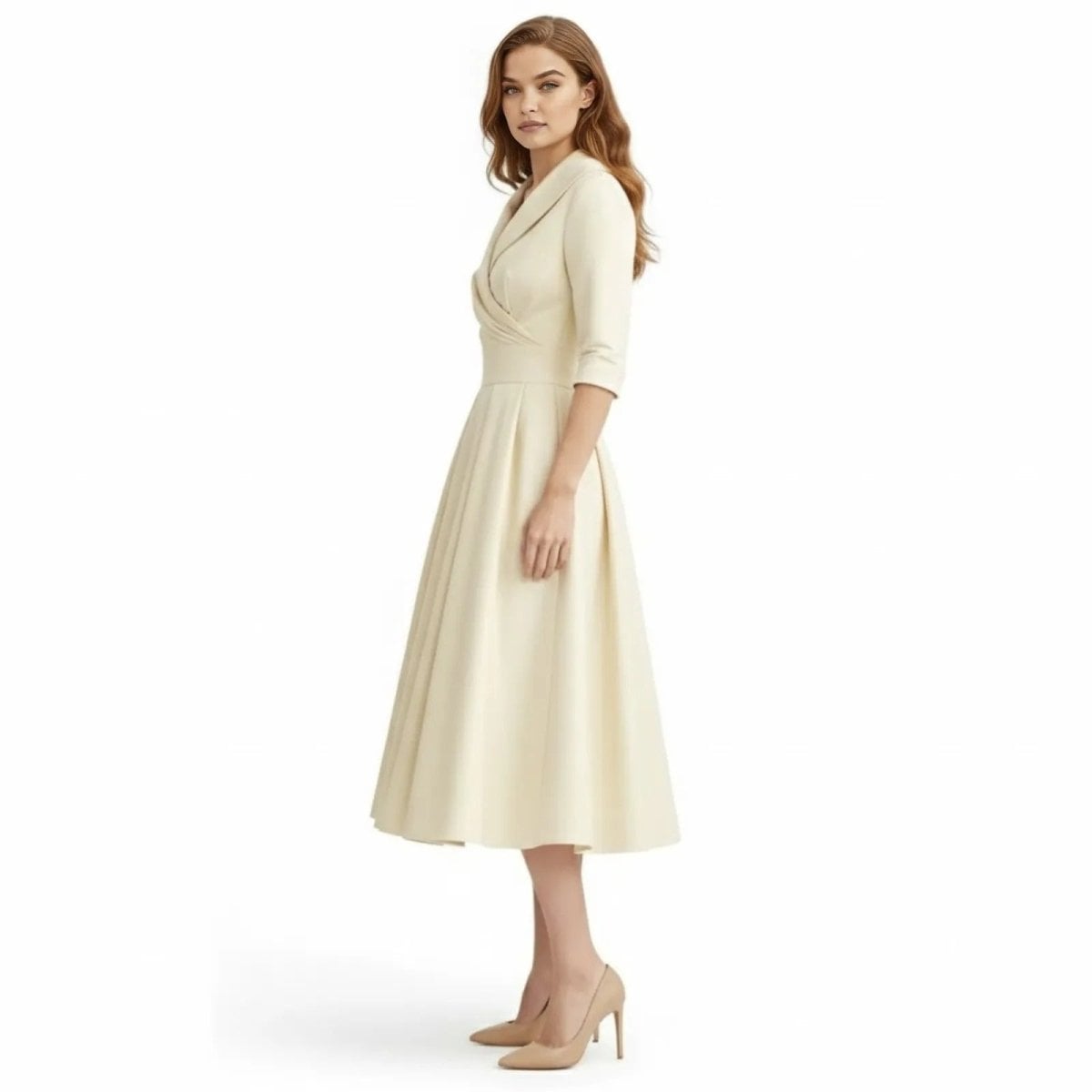 Cream Midi Dress With Shawl Collar Cream Midi Dress With Shawl Collar — Classy Cream Outfits