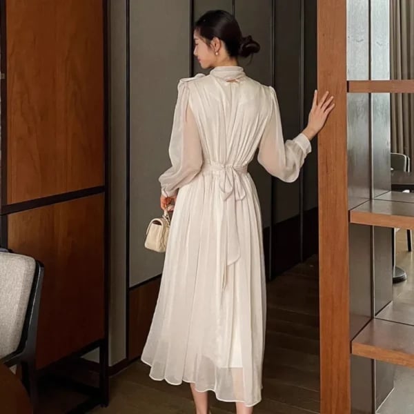 Cream Midi Dress With Sheer Sleeves Cream Midi Dress With Sheer Sleeves — Classy Cream Outfits