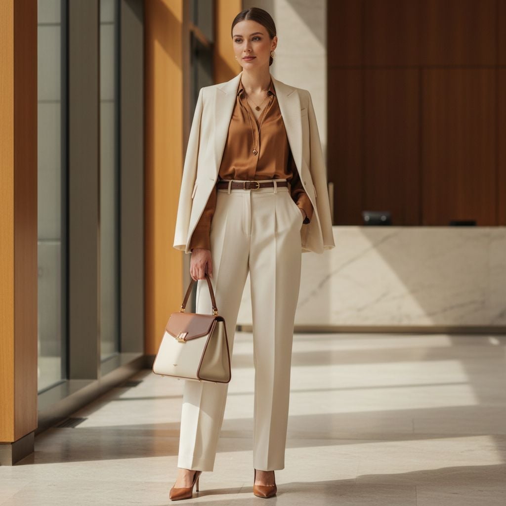 Cream Blazer Draped Over Silk Blouse Cream Blazer Draped Over Silk Blouse — Classy Cream Outfits