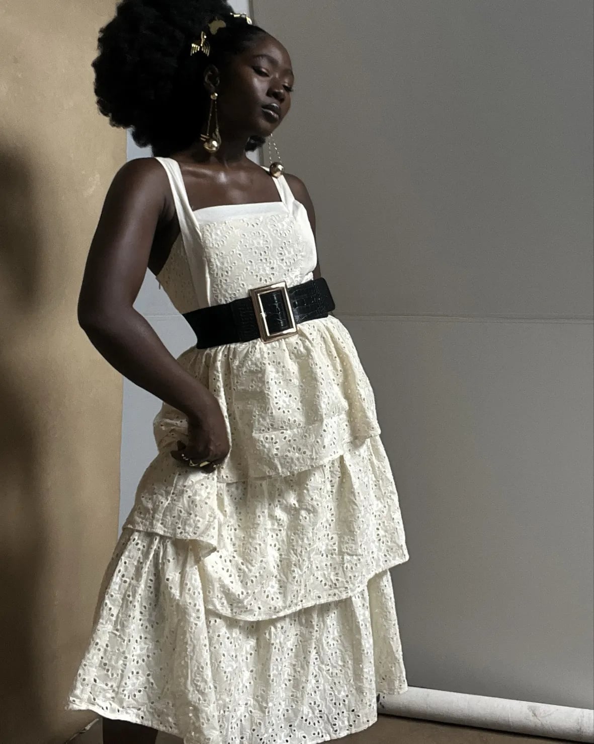Cream Broderie Anglaise Dress With Black Belt Cream Broderie Anglaise Dress With Black Belt — Classy Cream Outfits