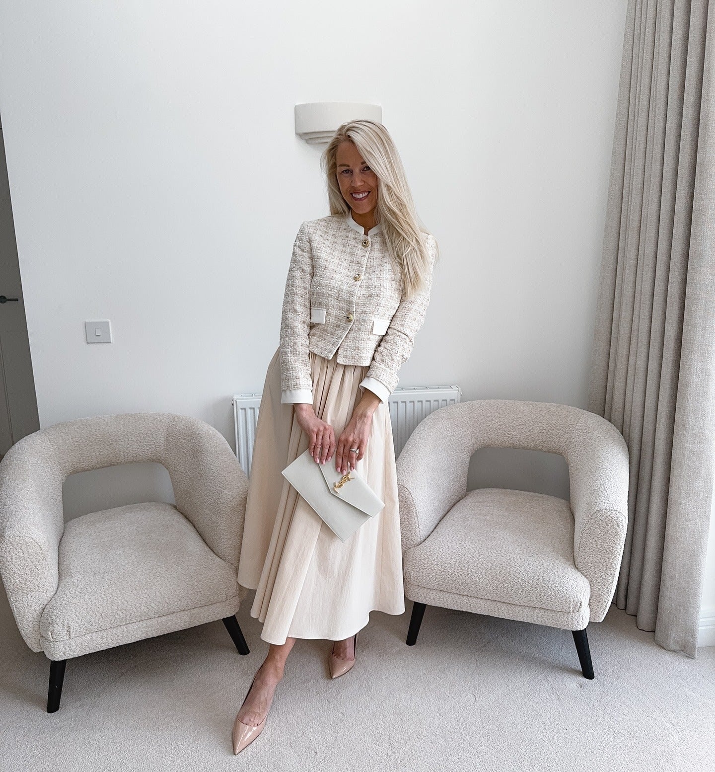 Cream Tweed Jacket Over Midi Skirt Cream Tweed Jacket Over Midi Skirt — Classy Cream Outfits
