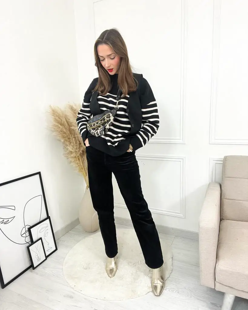 Striped Crewneck with Vest and Velvet Trousers — Classy Crewneck Outfits