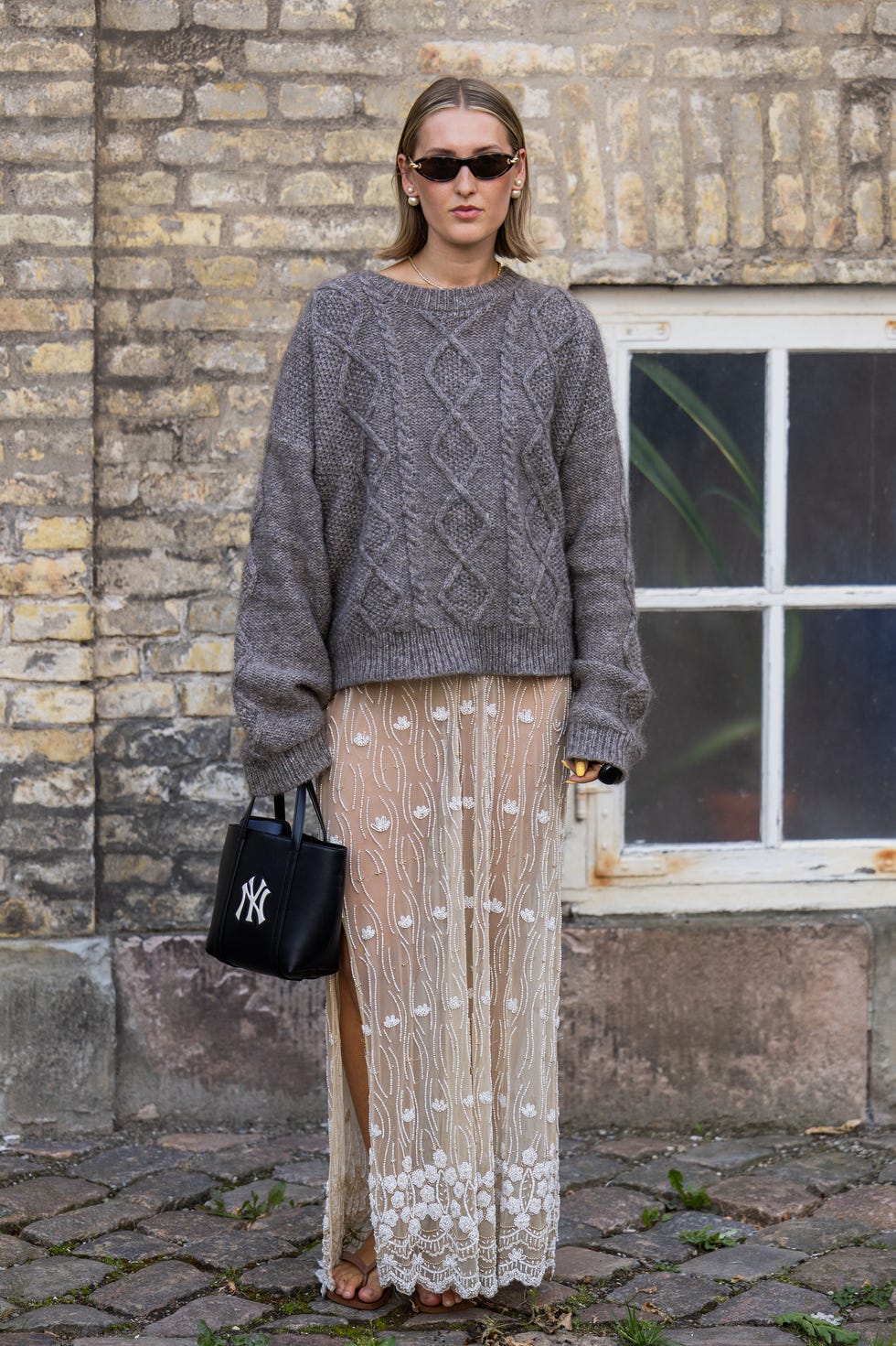 Gray Cable Knit Sweater with Sheer Lace Maxi Skirt — Classy Crewneck Outfits