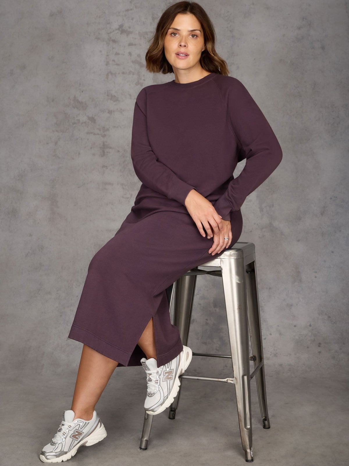 Deep Purple Crewneck Sweatshirt Dress with Sneakers — Classy Crewneck Outfits