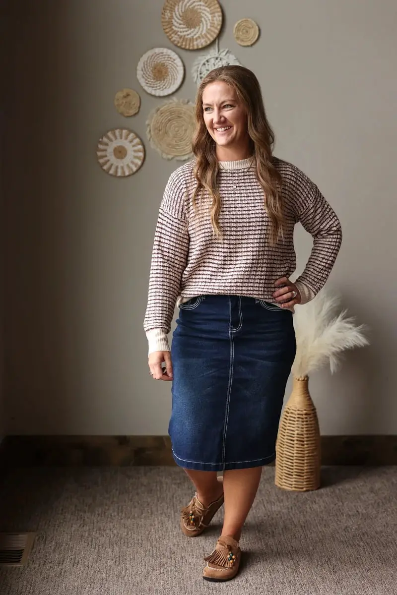 Striped Waffle Knit Sweater with Denim Midi Skirt and Moccasins — Classy Crewneck Outfits
