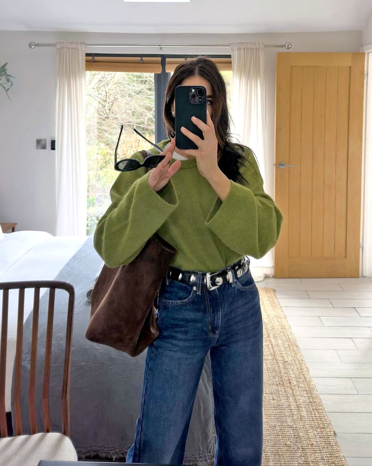 Green Balloon Sleeve Sweater with Blue Jeans and Studded Belt — Classy Crewneck Outfits