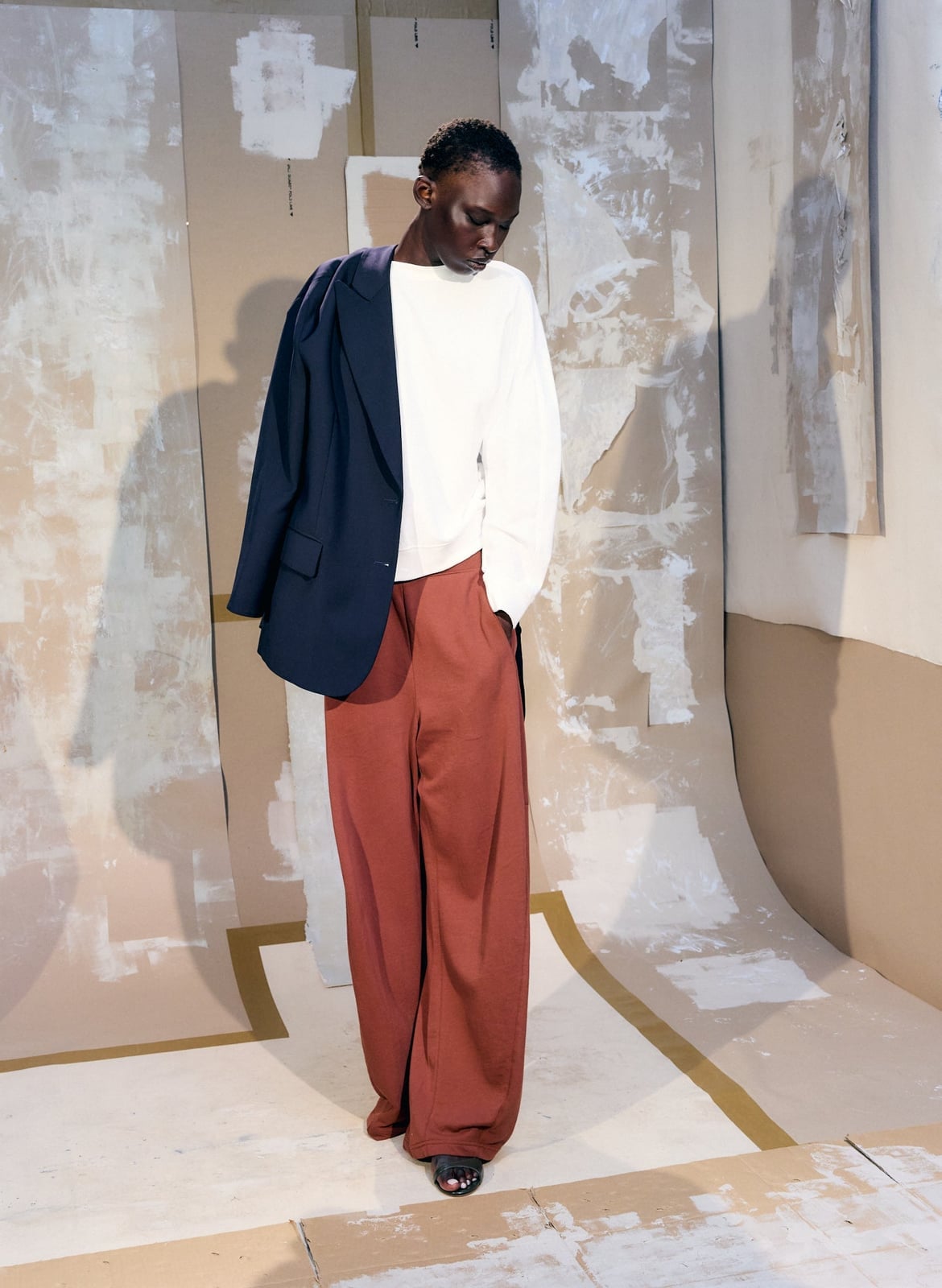White Crewneck with Navy Blazer and Rust Wide-Leg Pants — Classy Crewneck Outfits