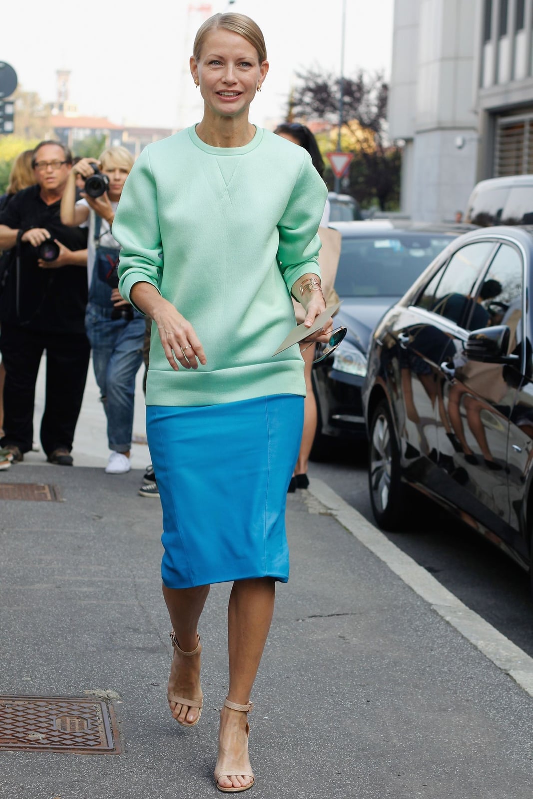 Mint Green Crewneck Sweatshirt with Bright Blue Leather Pencil Skirt — Classy Crewneck Outfits