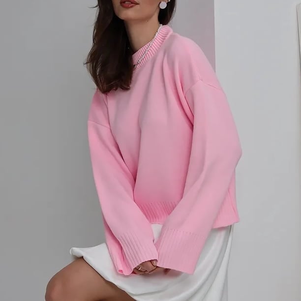 Pink Knit Sweater Over White Slip Dress with Pearl Necklace — Classy Crewneck Outfits