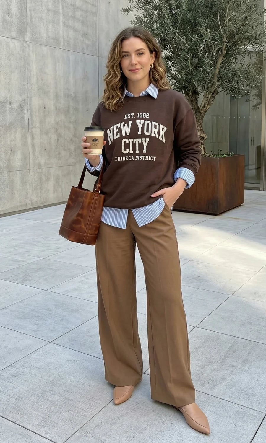 Graphic Crewneck Sweatshirt Over Striped Button-Down with Brown — Classy Crewneck Outfits