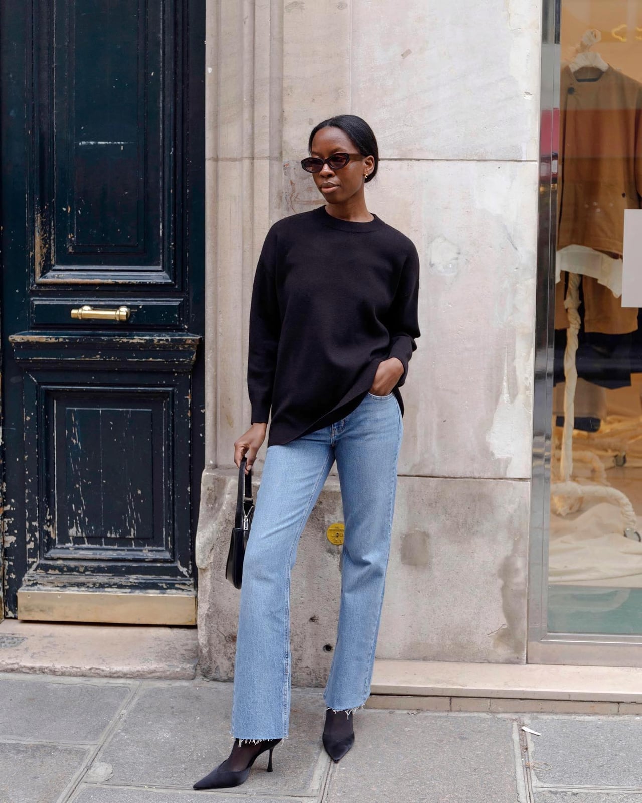 Oversized Black Crewneck with Light Blue Wide-Leg, Office-Safe Version — Classy Crewneck Outfits