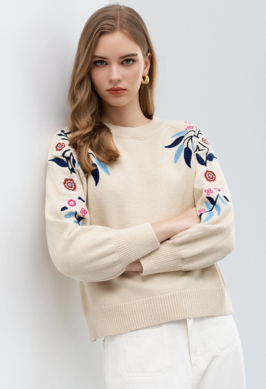 Embroidered Cream Crewneck Over White Collared Shirt, Close-Up Take — Classy Crewneck Outfits