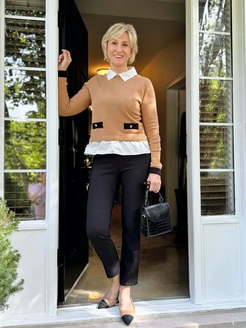 Camel Crewneck with Trim Over White Shirt and Black, Close-Up Take — Classy Crewneck Outfits