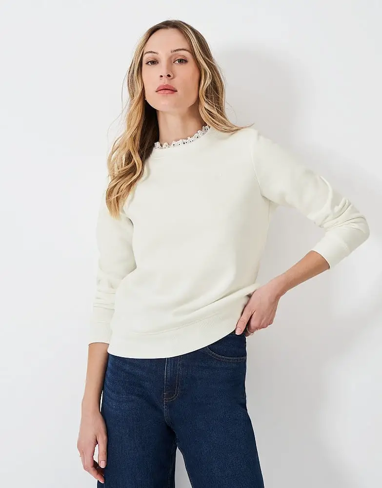 Cream Crewneck with Pie Crust Collar and Dark Wash, Close-Up Take — Classy Crewneck Outfits