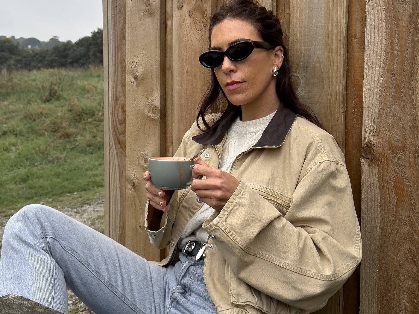 Beige Cotton Twill Jacket With Cable Knit — Classy Cropped Jacket Outfits