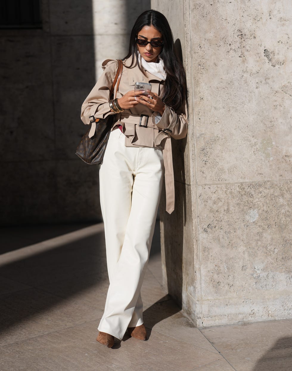 Beige Cropped Trench Jacket With White Turtleneck — Classy Cropped Jacket Outfits