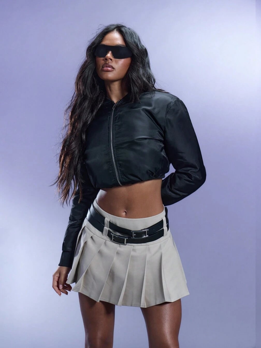 Black Cropped Bomber Jacket With Mini Skirt — Classy Cropped Jacket Outfits