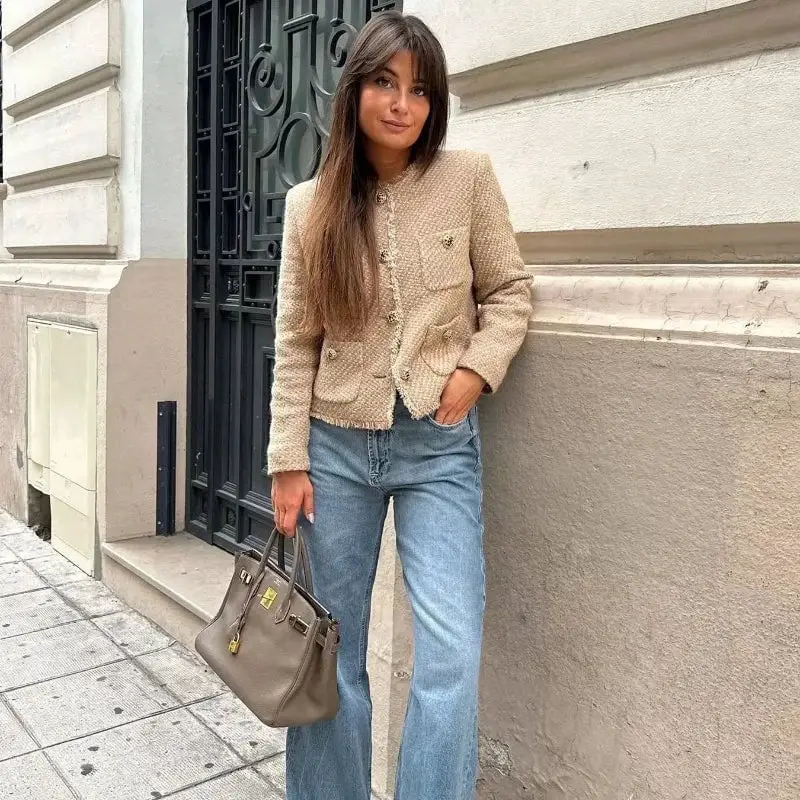 Beige Tweed Cropped Jacket With Frayed Edges — Classy Cropped Jacket Outfits