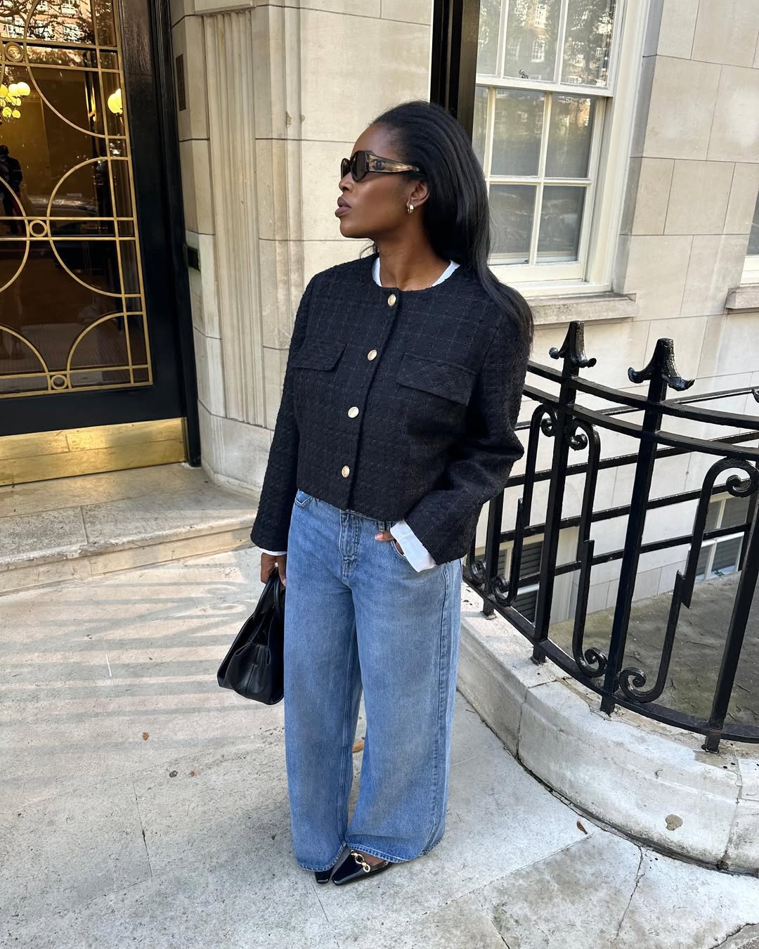 Black Tweed Cropped Jacket With Loafers — Classy Cropped Jacket Outfits