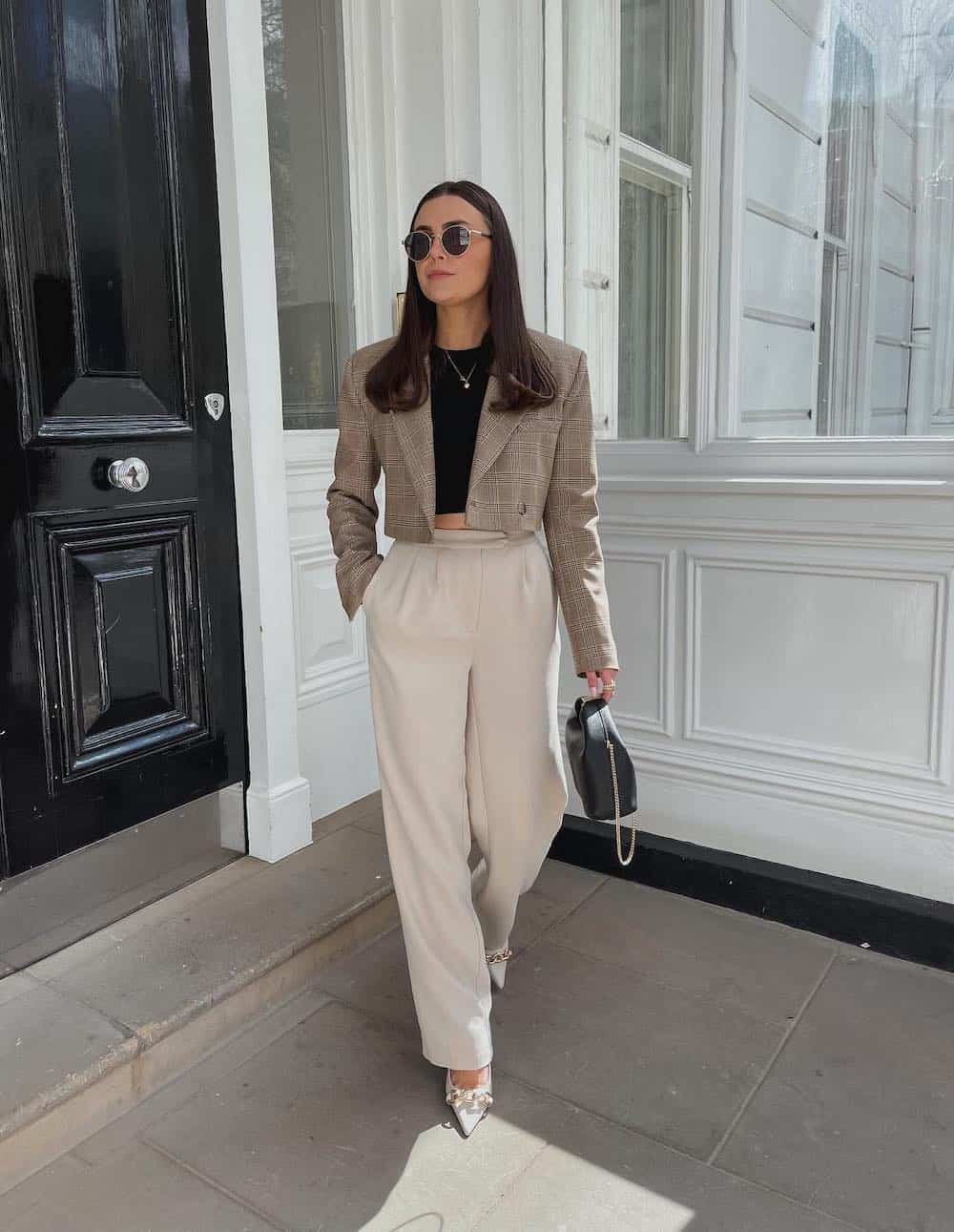Plaid Cropped Blazer With Wide Leg Trousers — Classy Cropped Jacket Outfits
