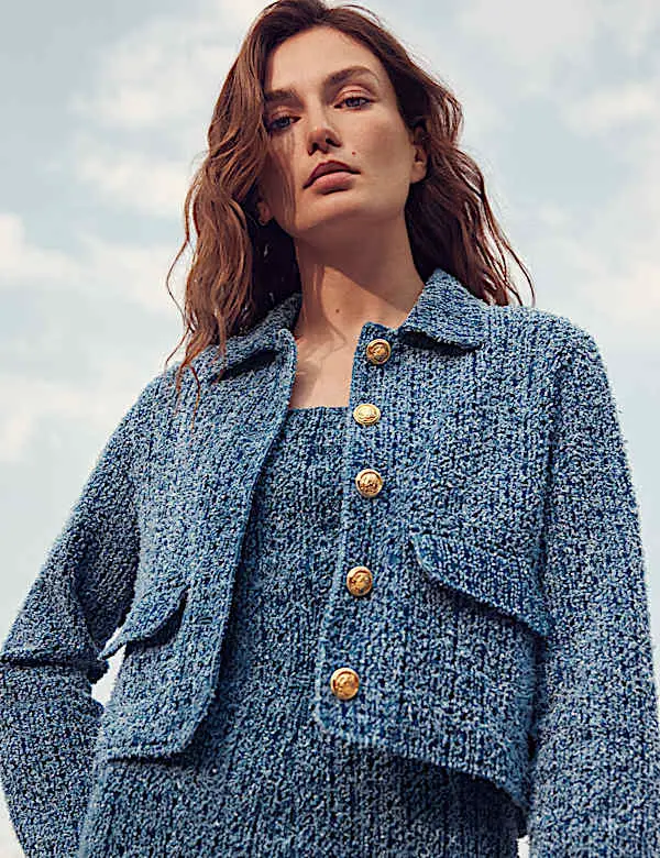 Textured Blue Tweed Cropped Jacket Detail — Classy Cropped Jacket Outfits