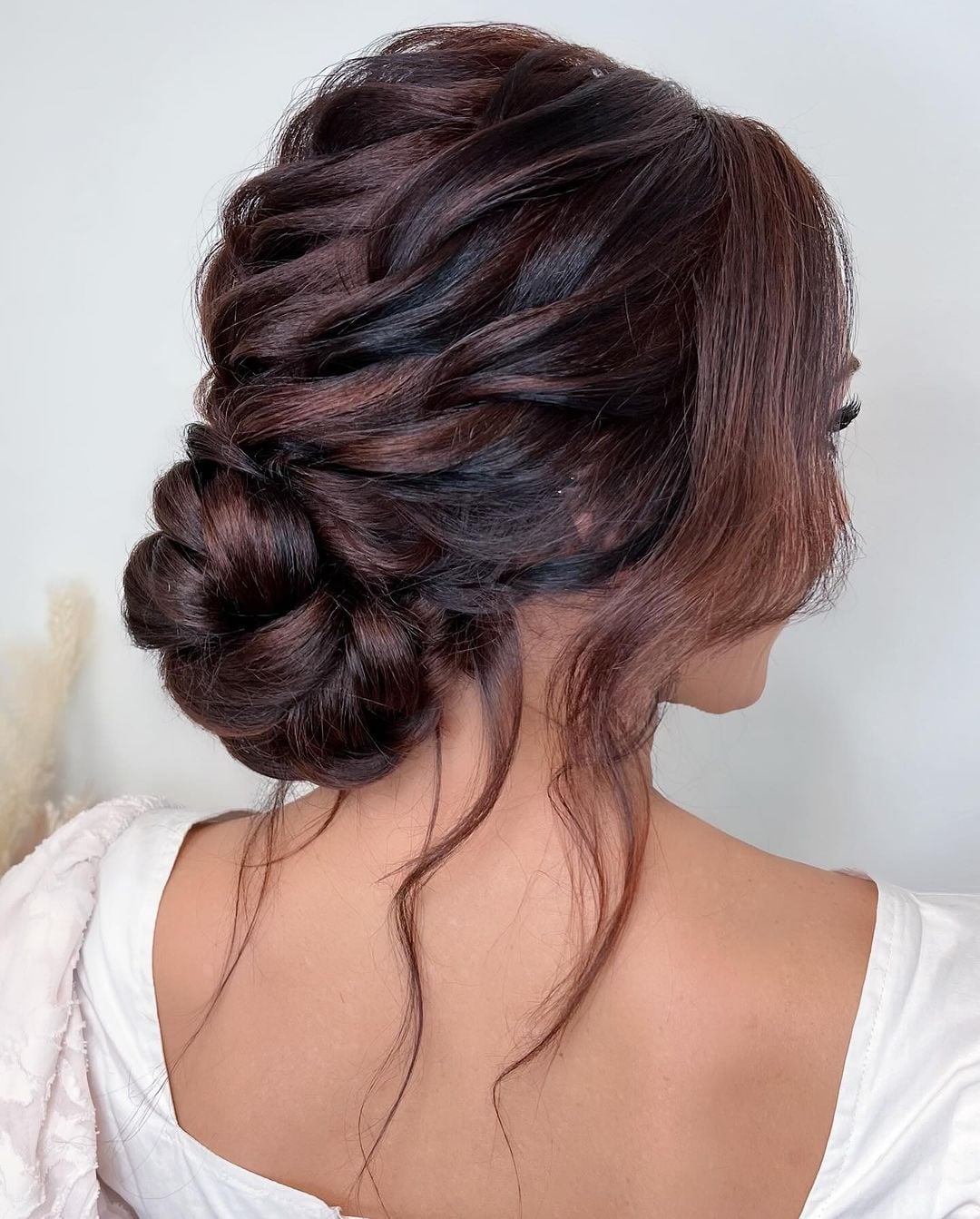 Intricate Dark Brown Wavy Updo, Mid-Back Intricate Dark Brown Wavy Updo, Mid-Back — Classy Curly Updo