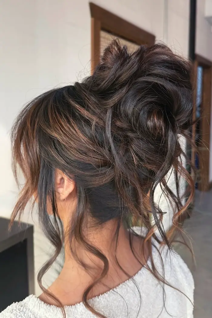 Dark Brown Updo With Wispy Bangs and Balayage Dark Brown Updo With Wispy Bangs and Balayage — Classy Curly Updo