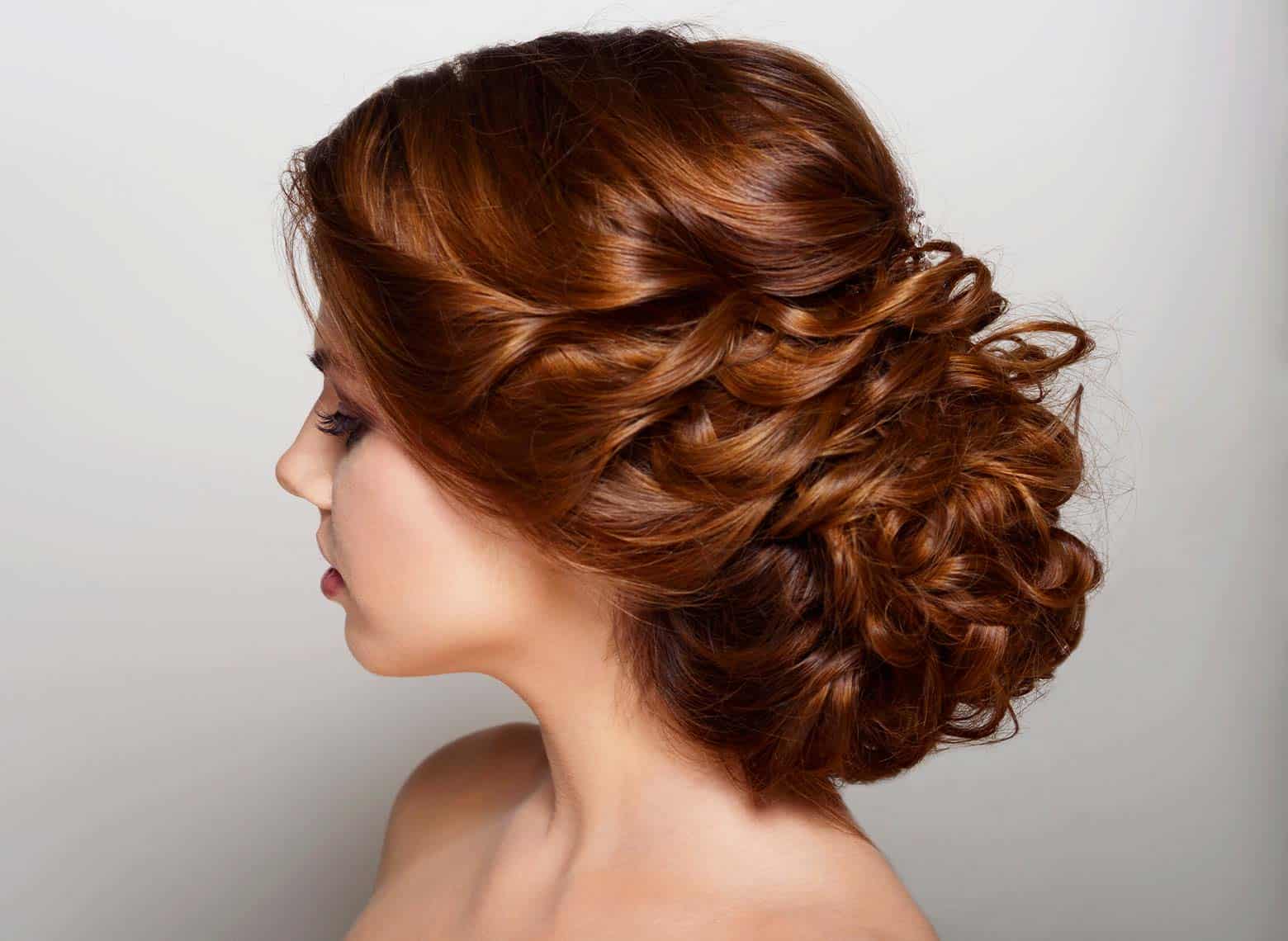 Warm Auburn Curly Updo With Wispy Bangs Warm Auburn Curly Updo With Wispy Bangs — Classy Curly Updo