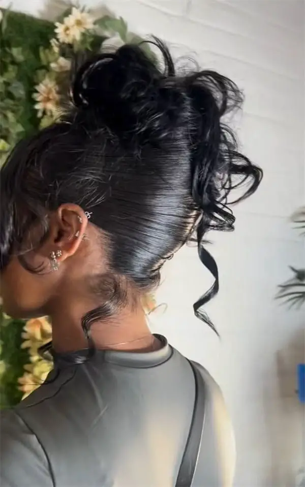 Black Curly Updo With Voluminous Top Knot Black Curly Updo With Voluminous Top Knot — Classy Curly Updo