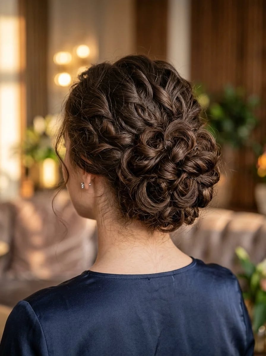 Sculpted Dark Brown Curly Bun, Collarbone Sculpted Dark Brown Curly Bun, Collarbone — Classy Curly Updo
