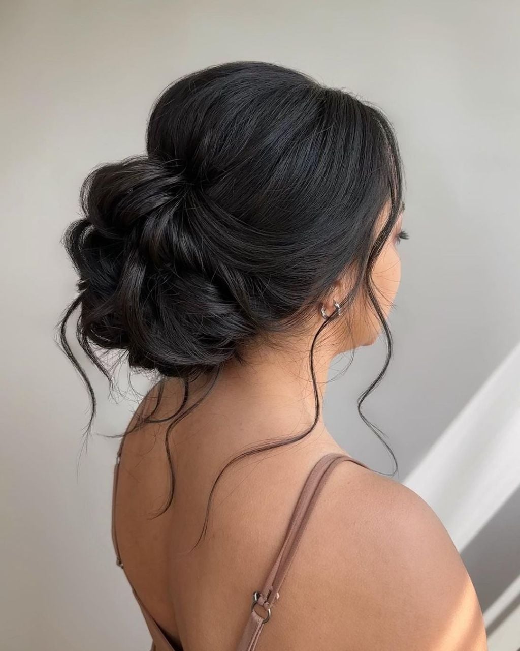 Soft Dark Brown Updo With Loose Tendrils Soft Dark Brown Updo With Loose Tendrils — Classy Curly Updo