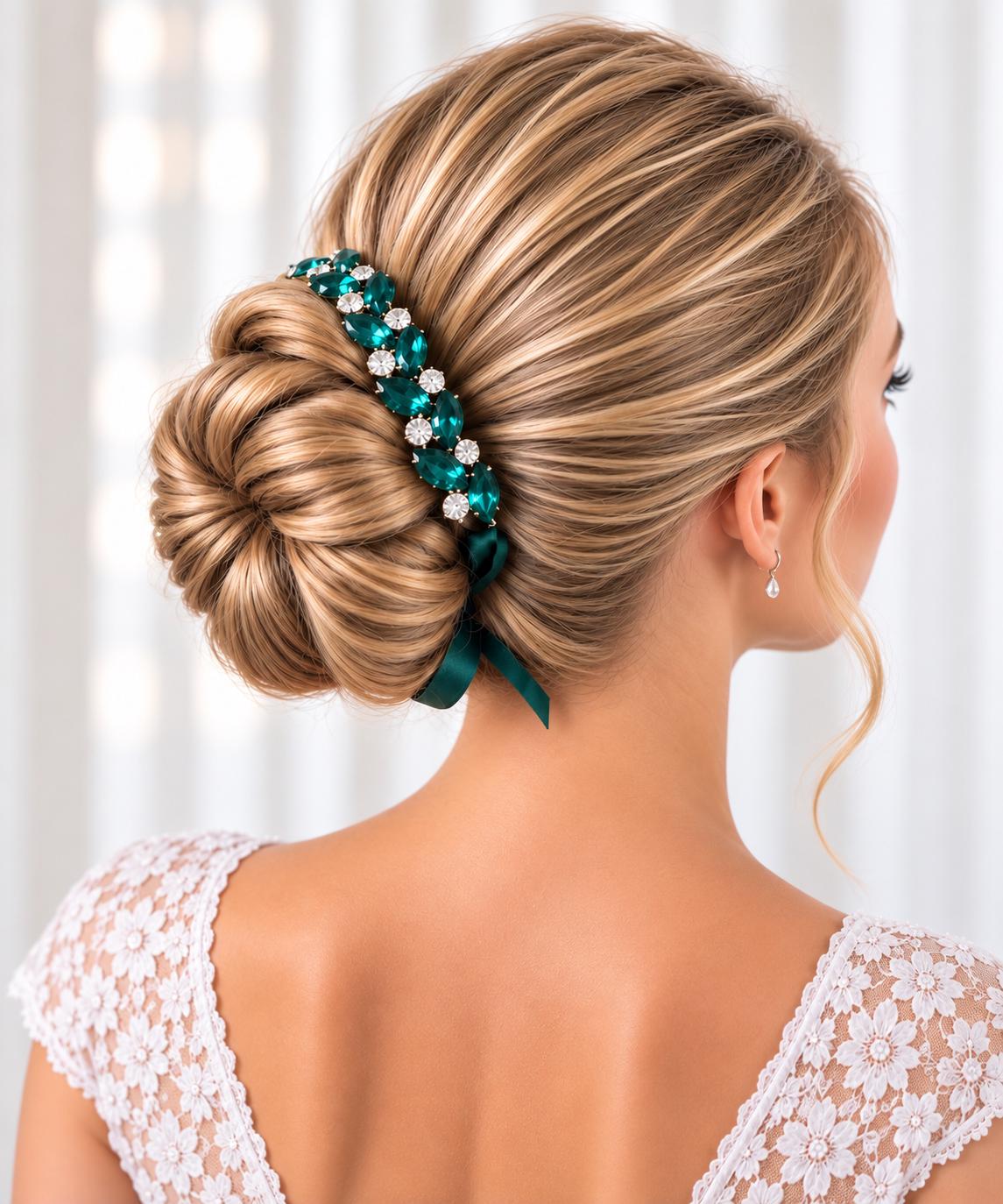 Intricate Blonde Bun With Emerald Accessory Intricate Blonde Bun With Emerald Accessory — Classy Dance Hair