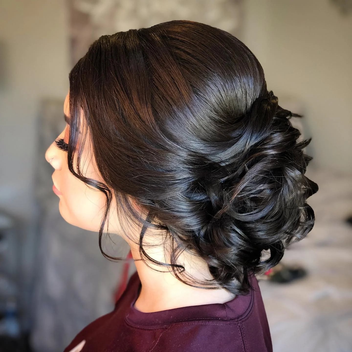 Dark Brown Soft Updo With Loose Curls Dark Brown Soft Updo With Loose Curls — Classy Dance Hair