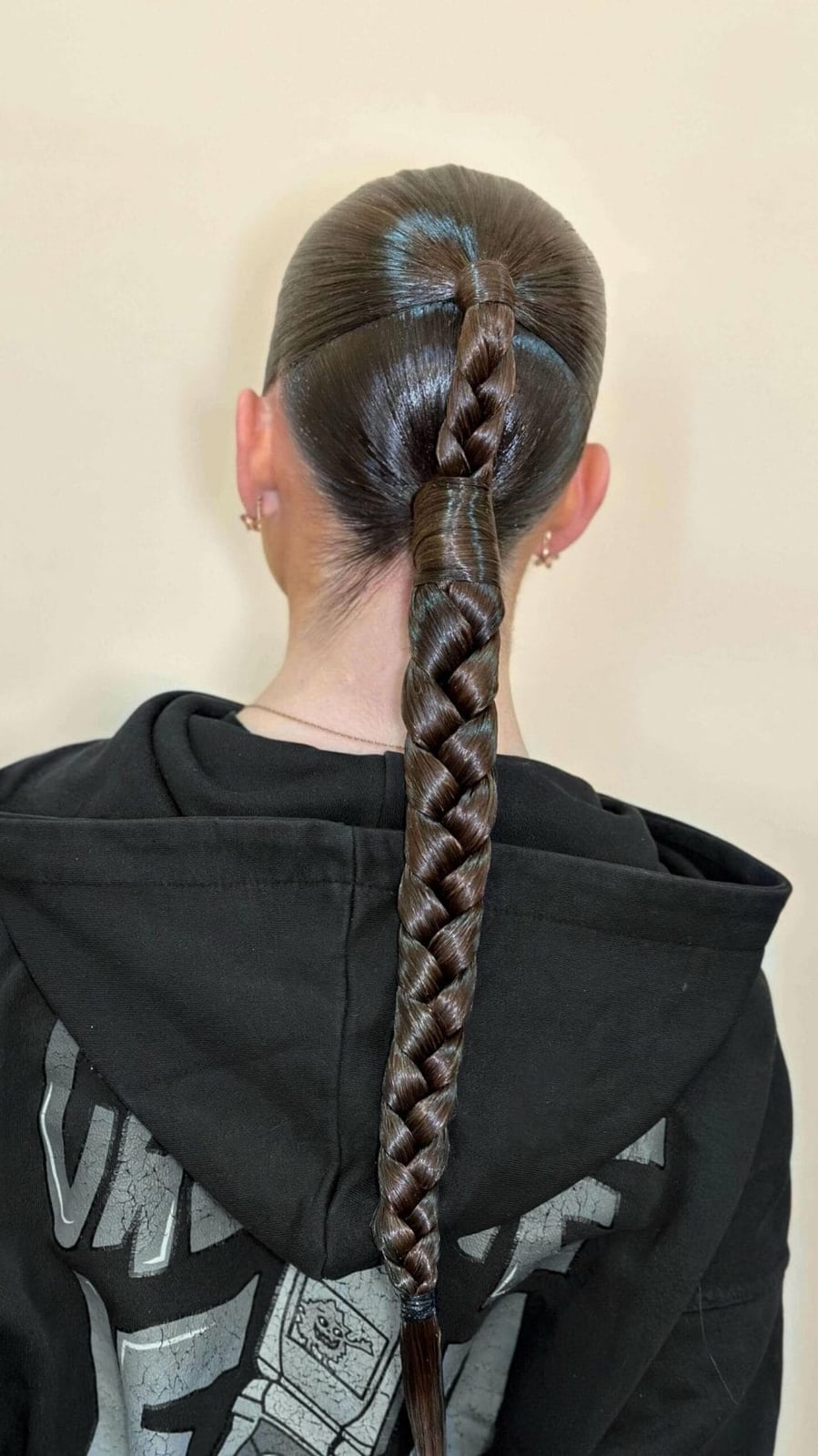 High Dark Brown Ponytail With Thick Braid, Close-Up Take High Dark Brown Ponytail With Thick Braid, Close-Up Take — Classy Dance Hair