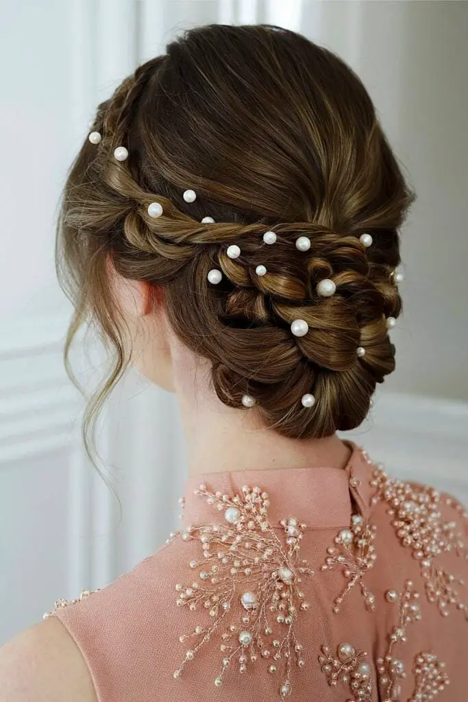 Thick Brown Braided Updo With Pearls — Classy Dance Hairstyles
