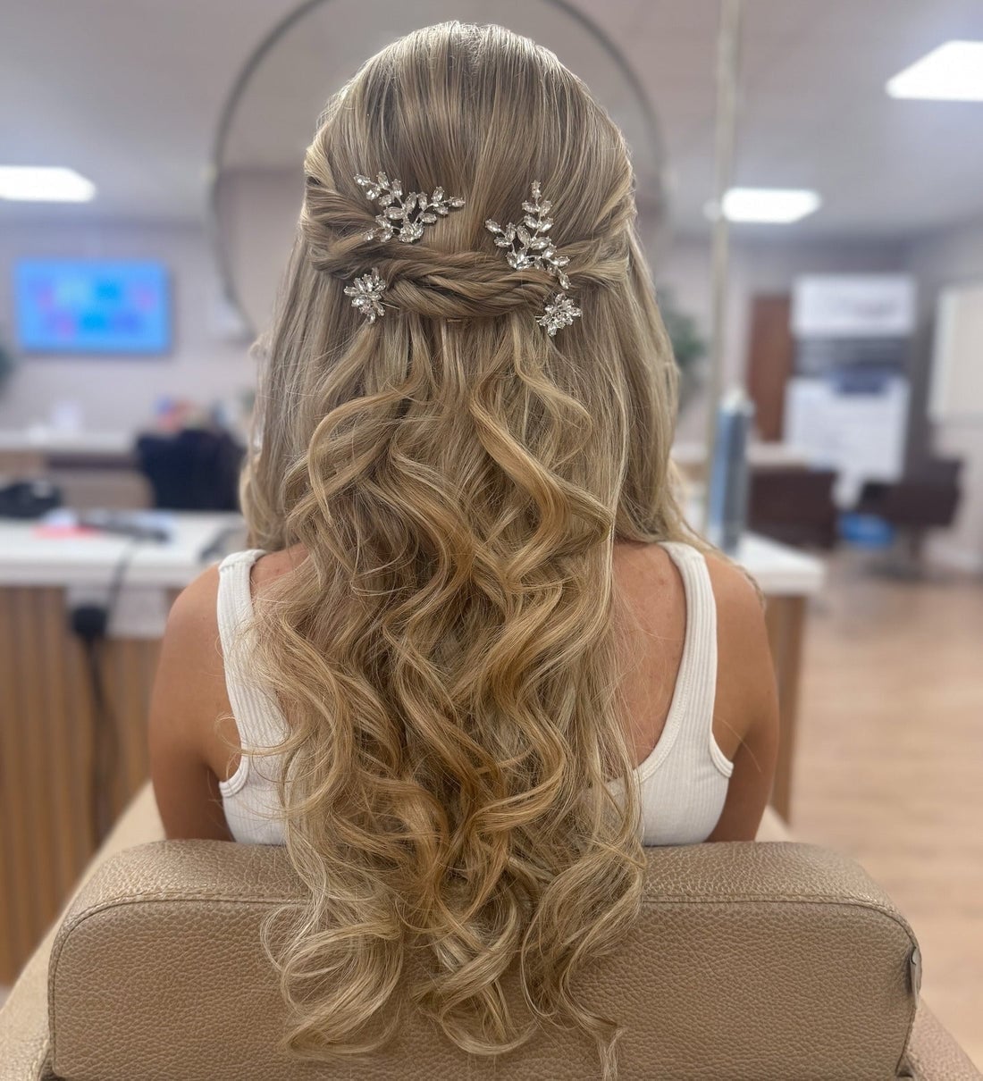 Ash Blonde Half-Up With Braided Crown And Pins, Mid-Back — Classy Dance Hairstyles