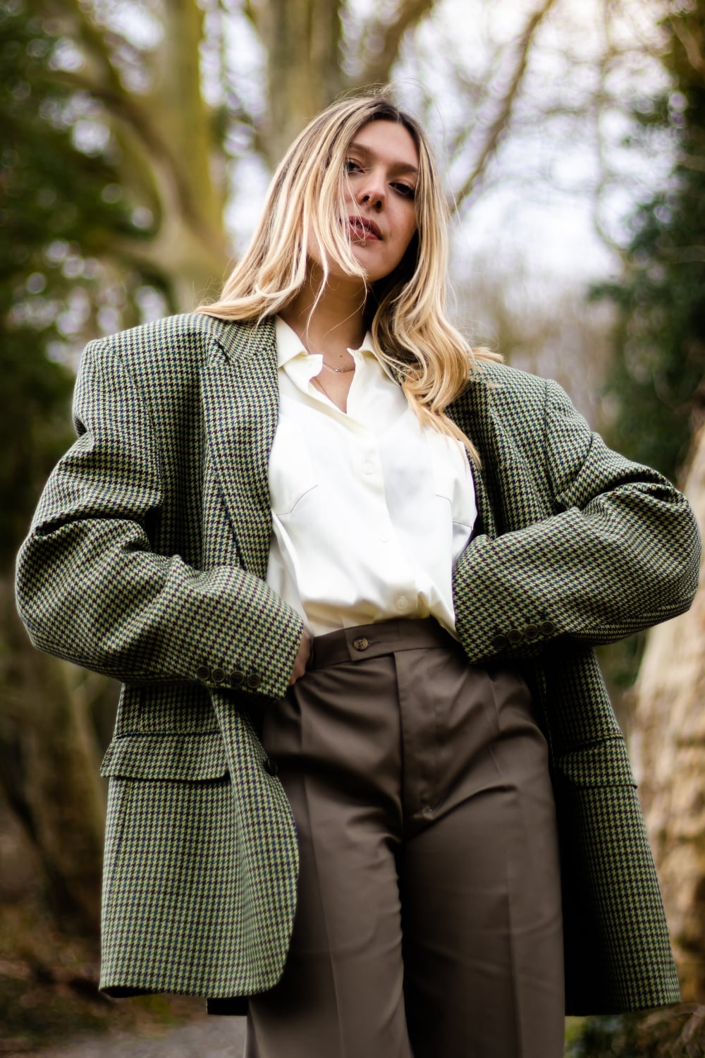 Oversized Green Houndstooth Blazer Over Cream Silk Shirt — Classy Dark Academia Outfits