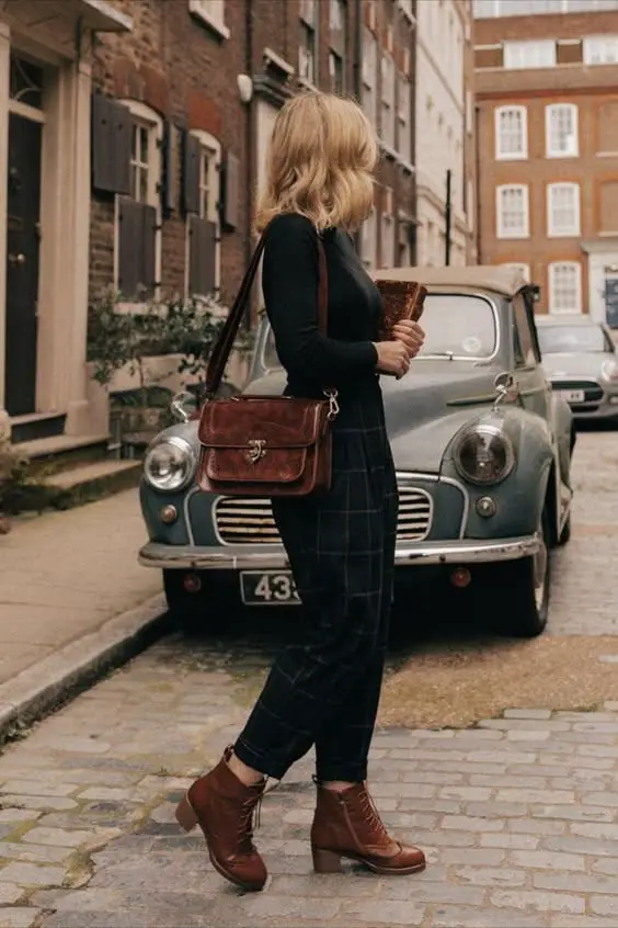 Plaid Wide-Leg Trousers with Black Top and Leather Satchel — Classy Dark Academia Outfits
