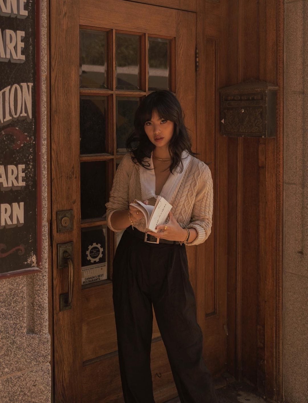 Beige Knit Cardigan Over White Top and Black Trousers — Classy Dark Academia Outfits