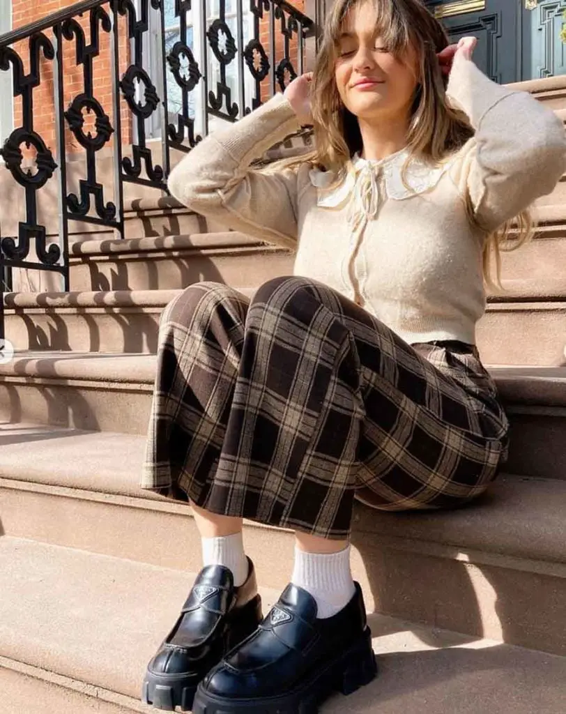 Beige Cardigan with White Collar and Plaid Wide-Leg Trousers — Classy Dark Academia Outfits