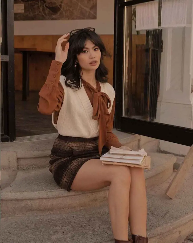 Plaid Mini Skirt with Knit Vest and Tie-Neck Blouse — Classy Dark Academia Outfits