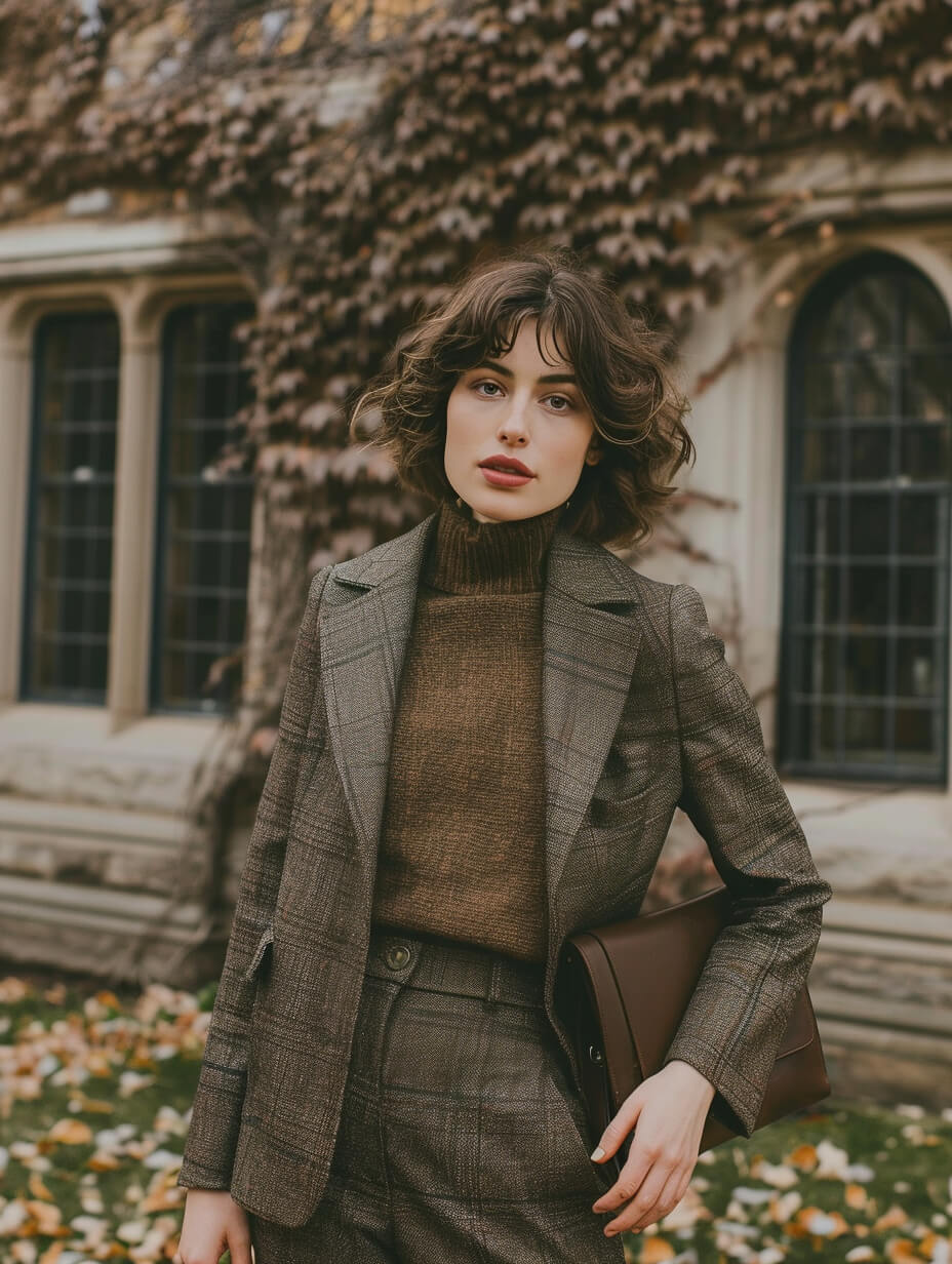 Brown Plaid Blazer Over a Knit Turtleneck and Matching Trousers — Classy Dark Academia Outfits