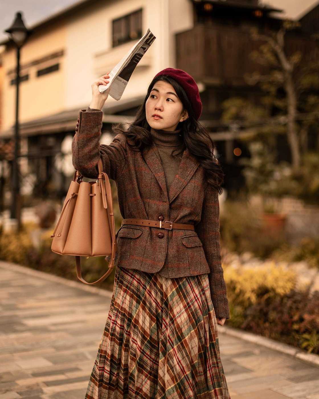 Brown Tweed Blazer Over Turtleneck with Plaid Pleated Skirt — Classy Dark Academia Outfits