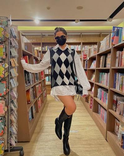 Argyle Sweater Vest Over White Shirt with Knee-High Boots — Classy Dark Academia Outfits