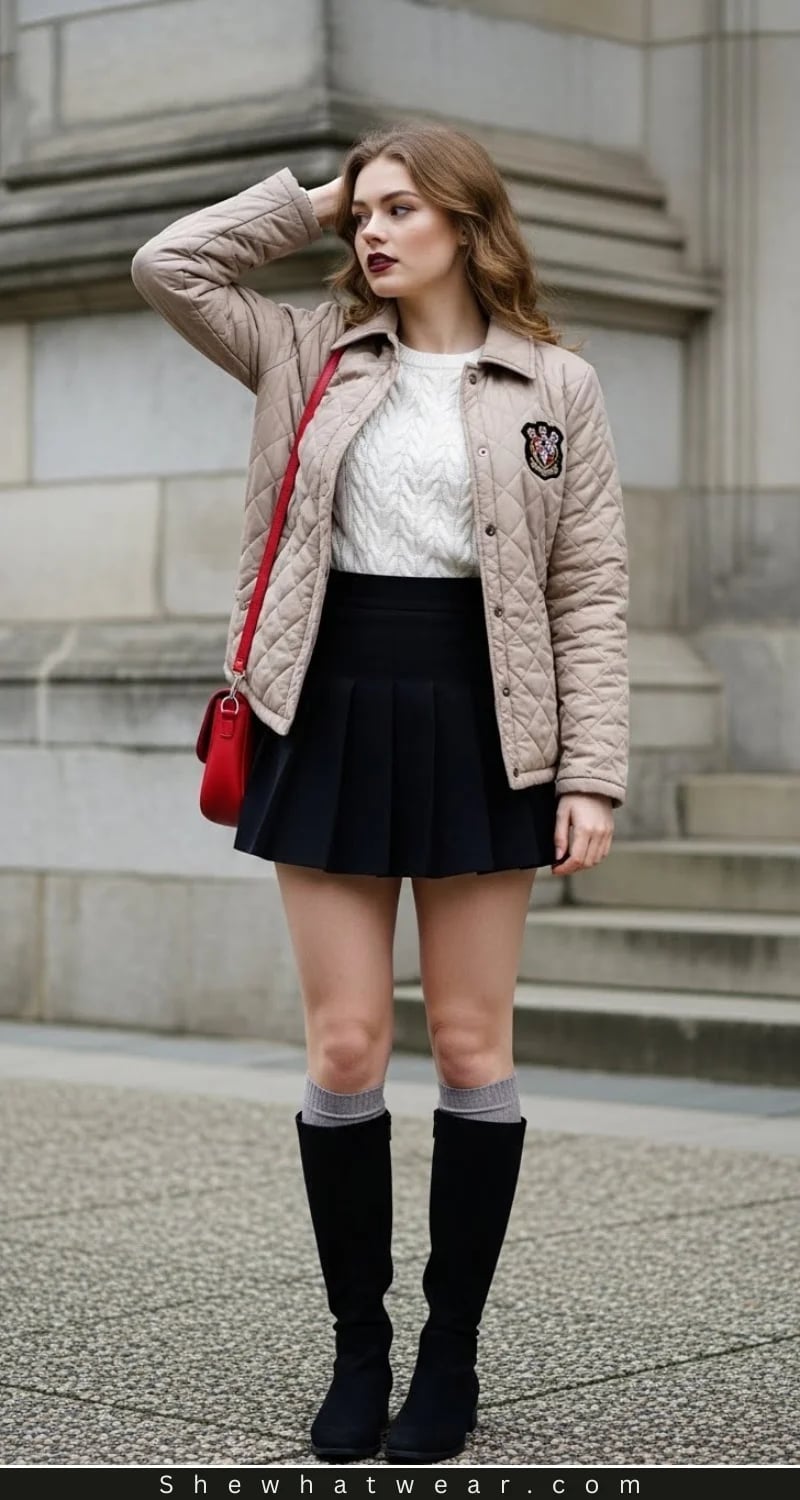 Quilted Jacket Over Cable Knit Sweater and Navy Pleated Skirt — Classy Dark Academia Outfits