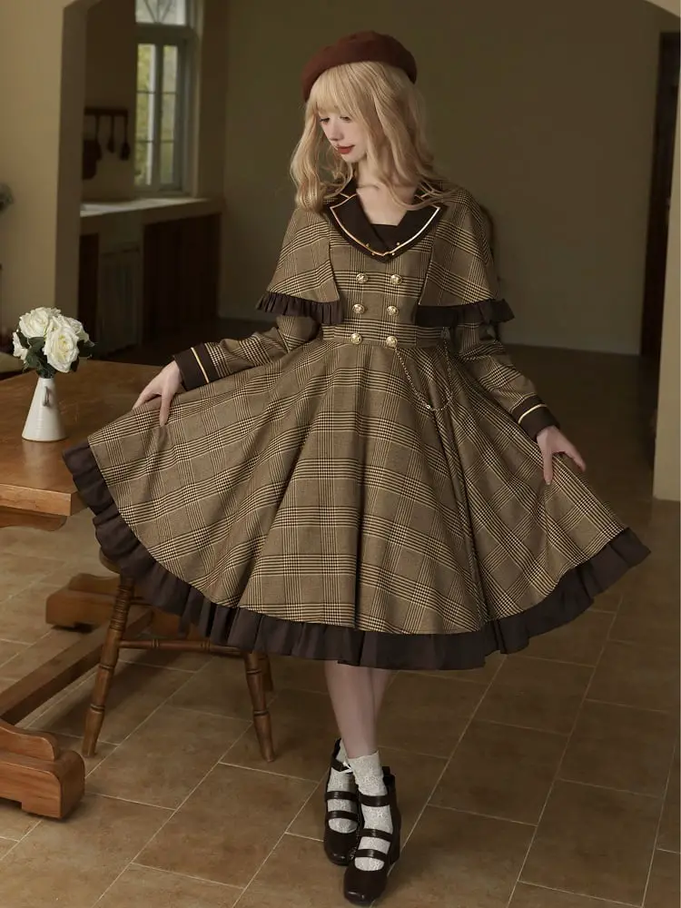 Brown Plaid Dress with Capelet Collar and Mary Jane Shoes — Classy Dark Academia Outfits