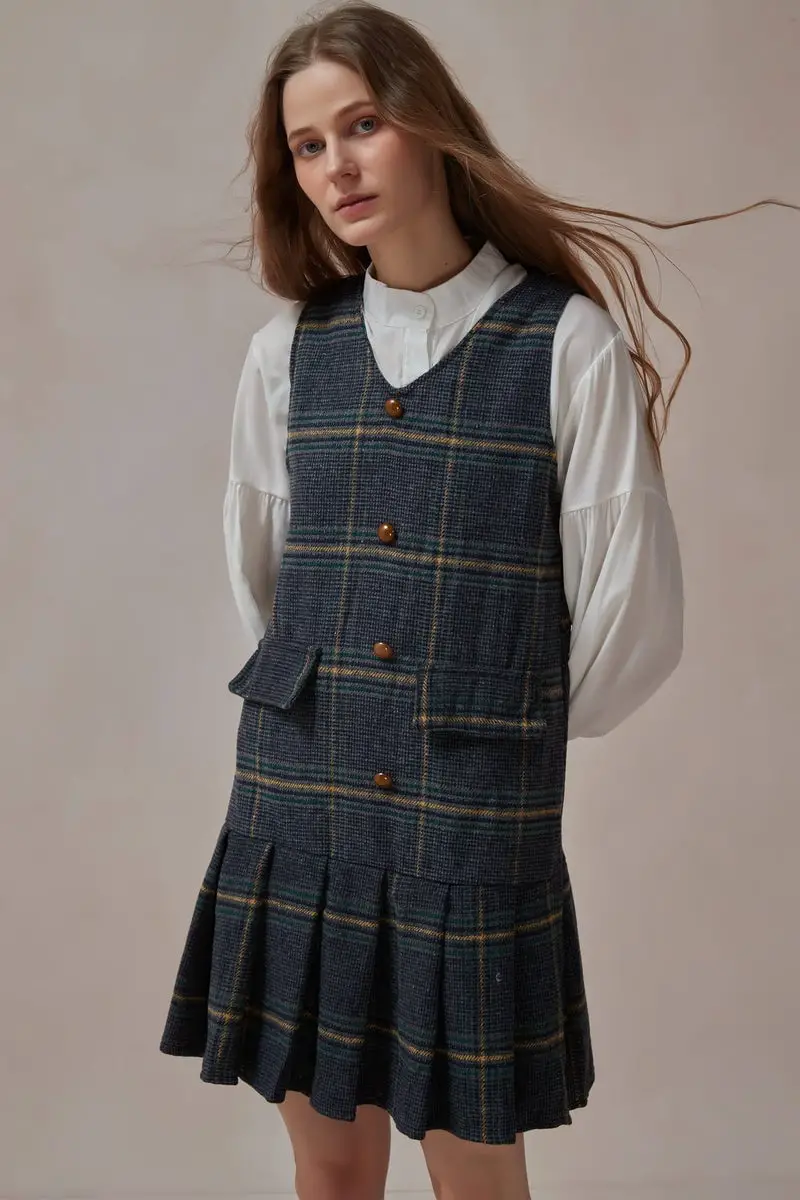 Gray Plaid Pinafore Dress Over White Long-Sleeve Blouse — Classy Dark Academia Outfits