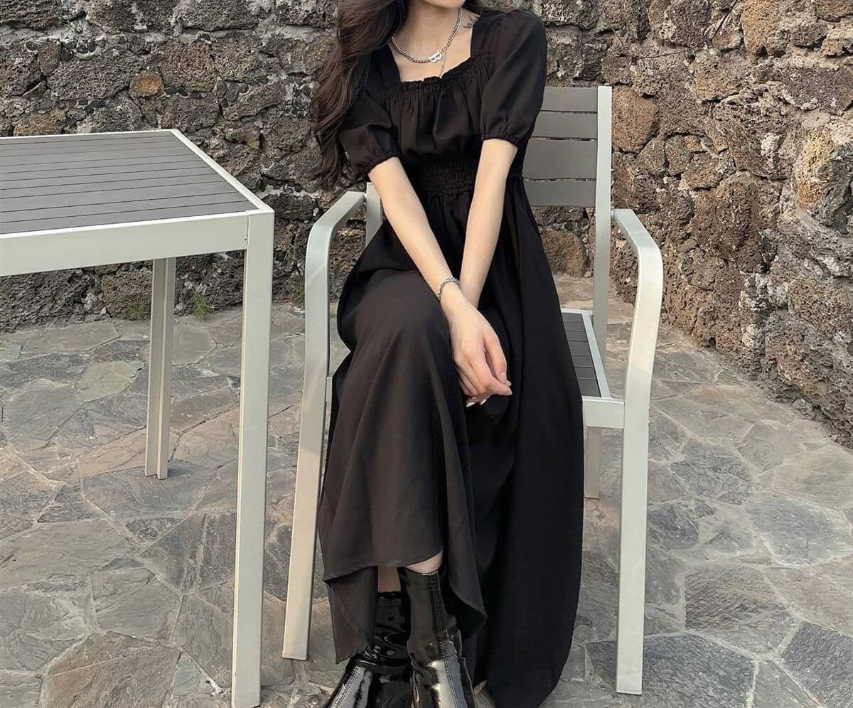Black Midi Dress with White Collar and Puff Sleeves — Classy Dark Academia Outfits