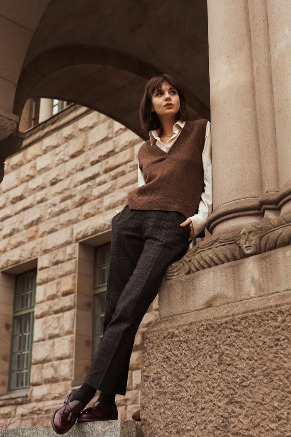 Brown Knit Vest Over White Shirt and Charcoal Trousers — Classy Dark Academia Outfits